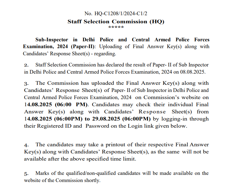 SSC CPO Final Answer Key 2025