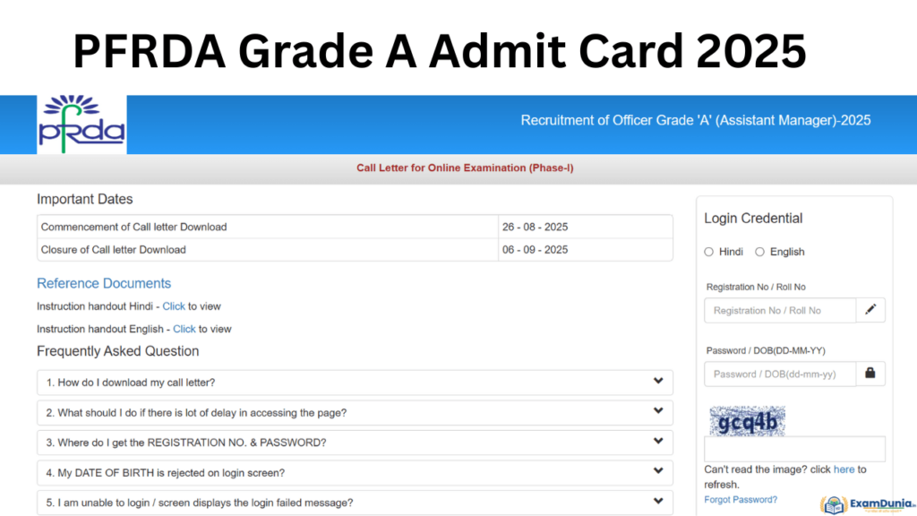 pfrda grade a admit card 2025 