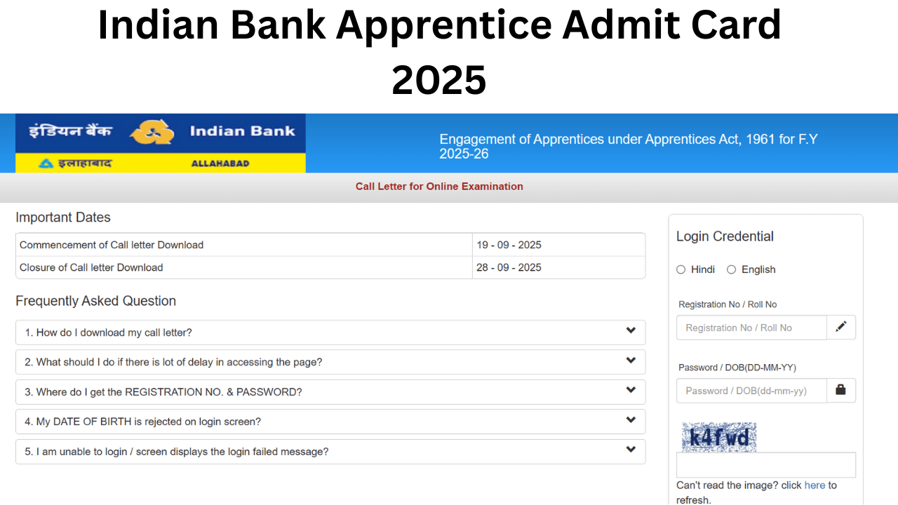 Indian Bank Apprentice Admit Card 2025