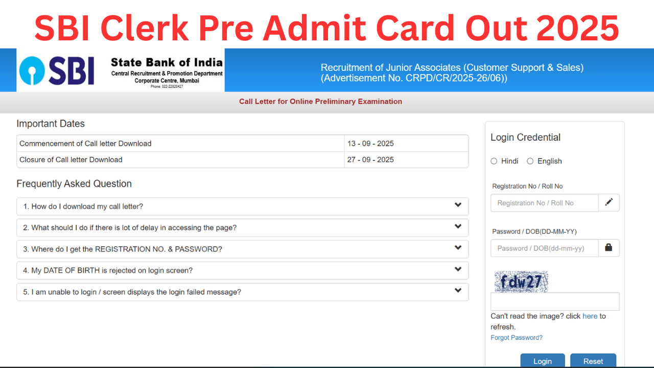 SBI Clerk Pre Admit Card Out 2025