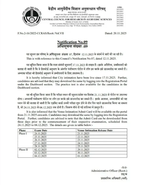 CCRAS Admit Card Dates 