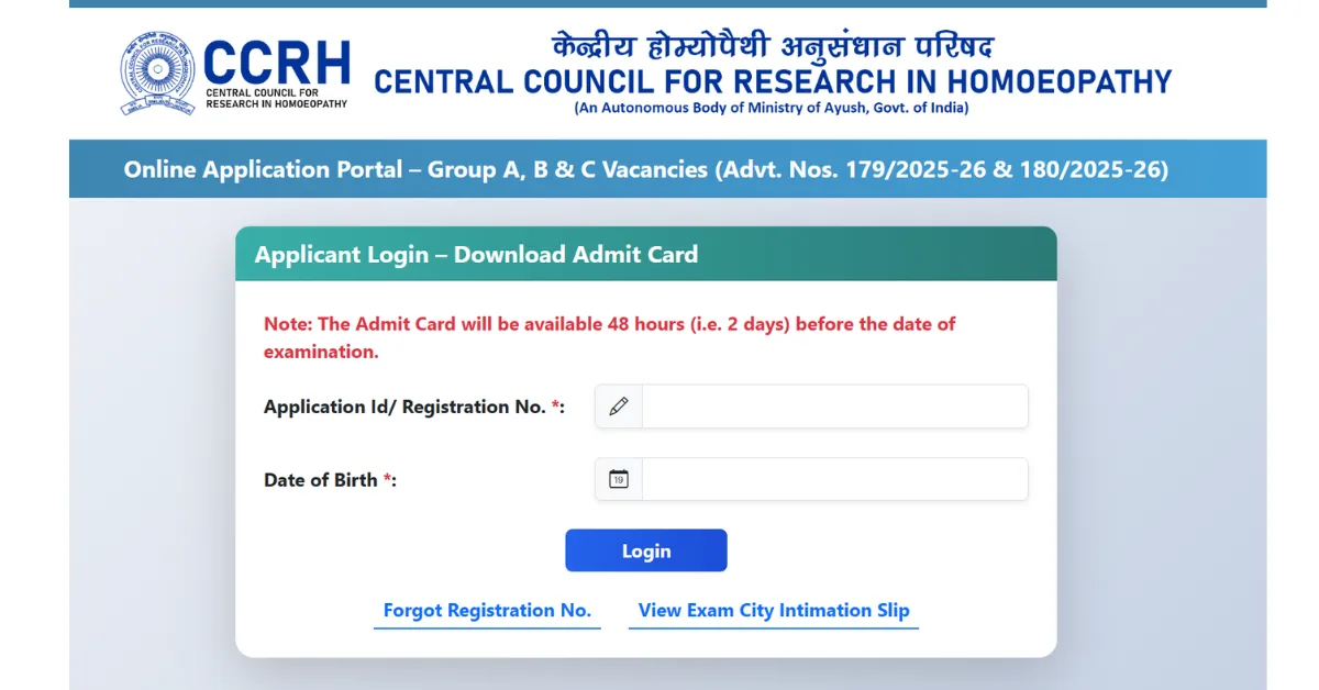 CCRH Delhi Admit Card
