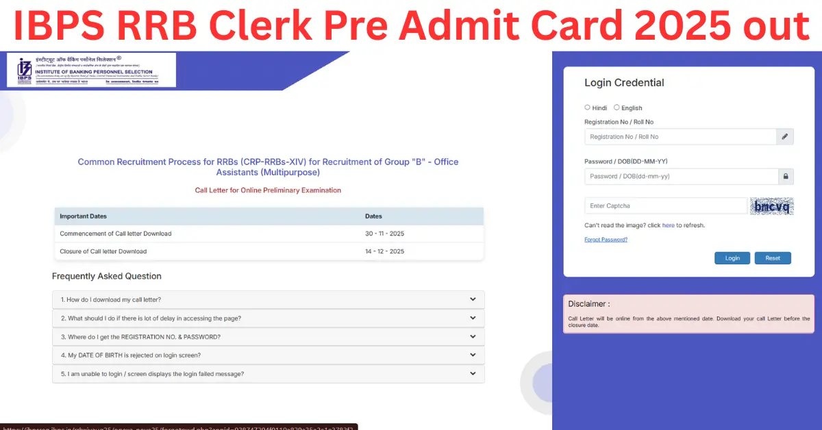 IBPS RRB Clerk Pre Admit Card 2025