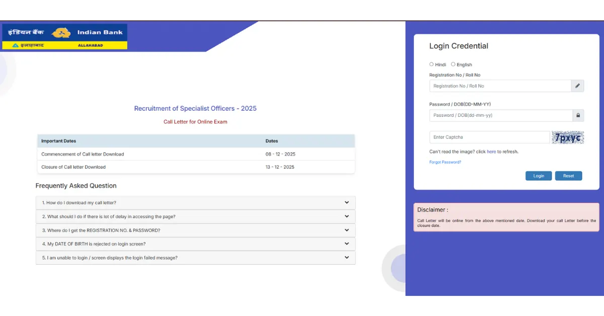 Indian Bank SO Admit Card 2025