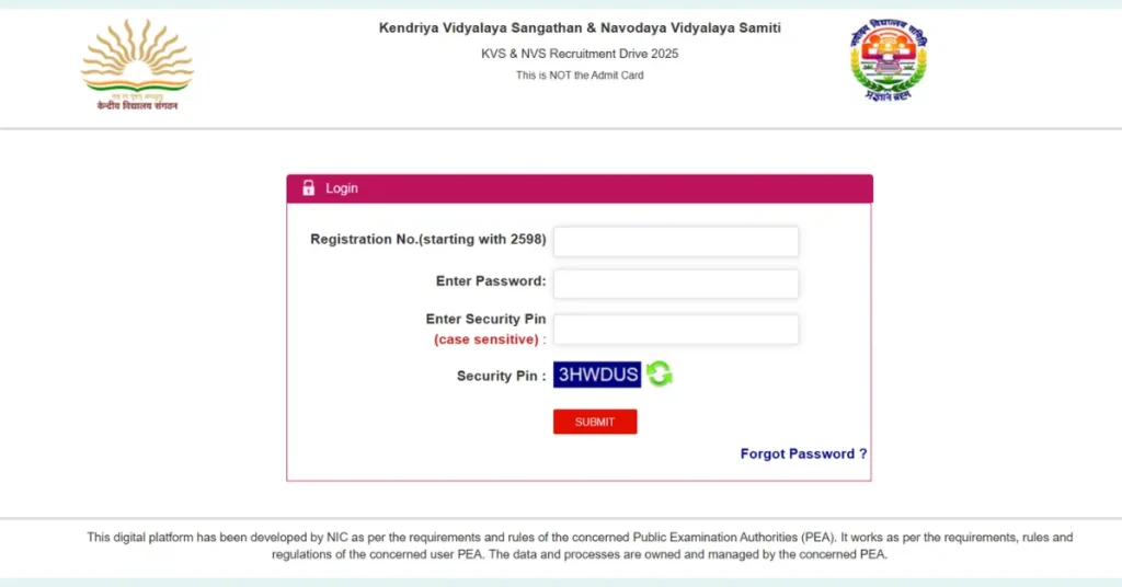 KVS NVS Exam City Intimation Slip 2025