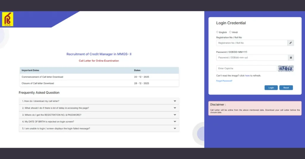 Punjab and Sind Bank Admit Card 2025