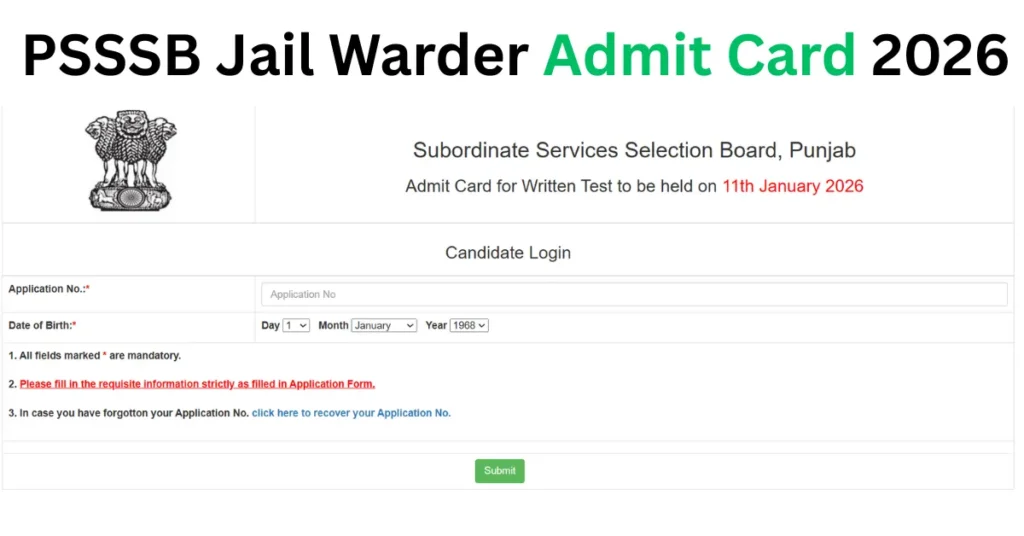 PSSSB Jail Warder Admit Card 2026 Out  Download Directly From here