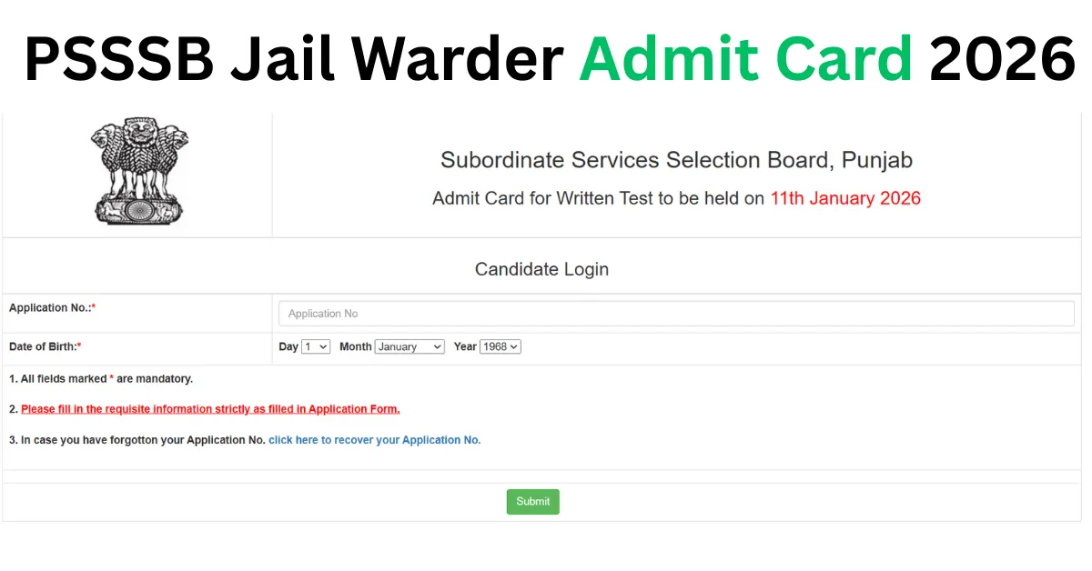 PSSSB Jail Warder Admit Card 2026 Out Download Directly From here